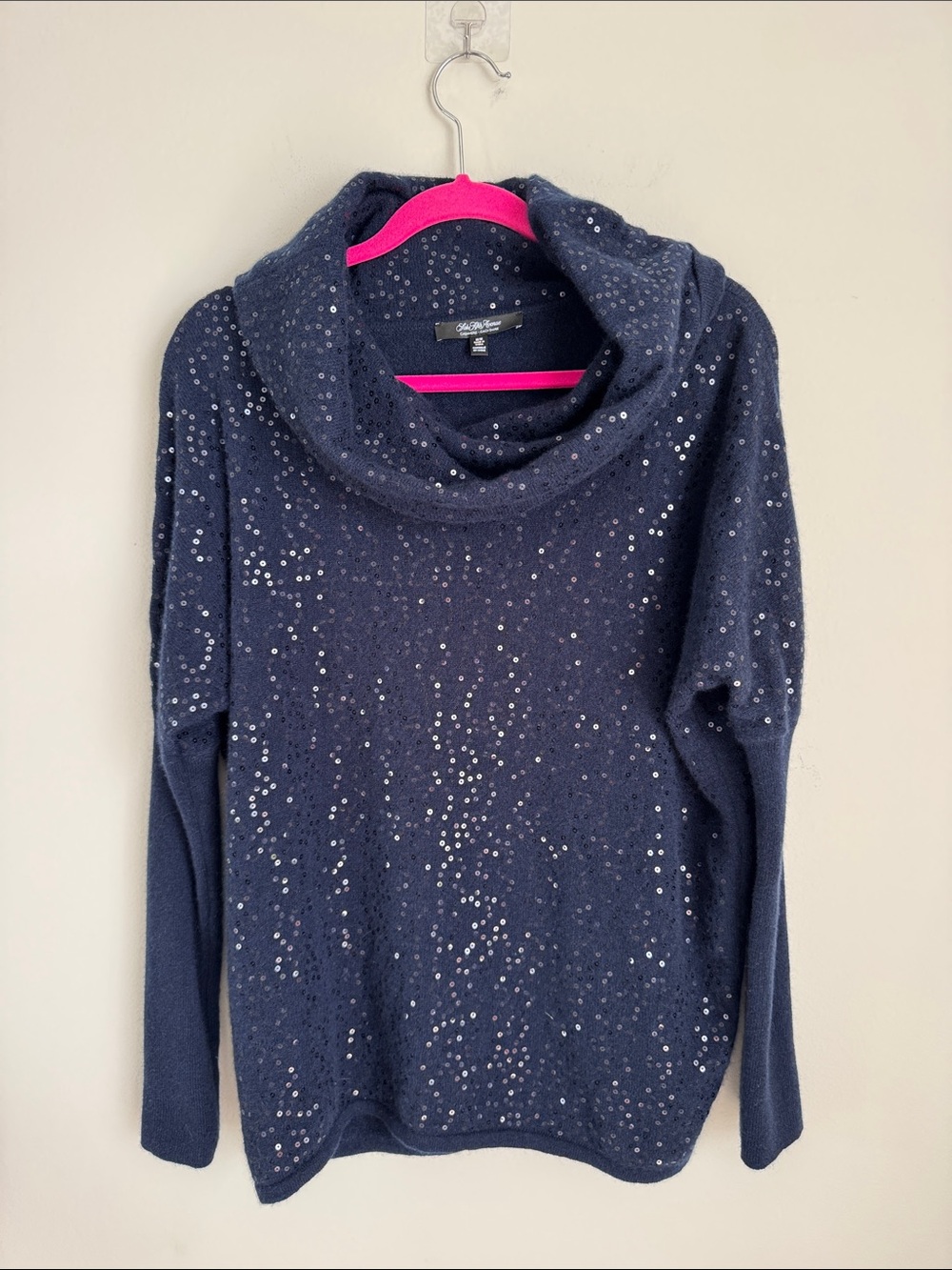 Saks Fifth Avenue Cashmere Sequin Cowl Neck Sweater Navy Blue Size M - Picture 2 of 8